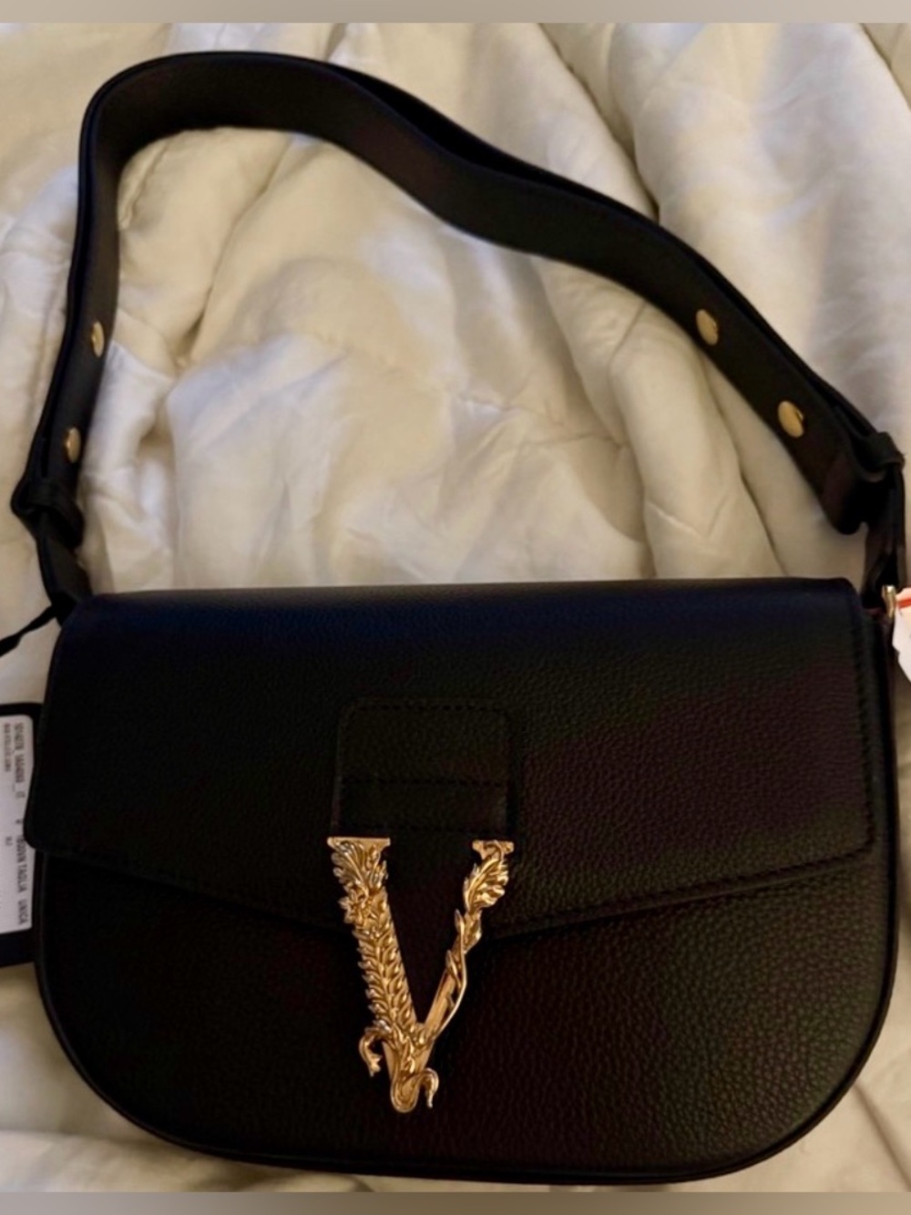 Versace Black Leather Shoulder Bag with Gold V Emblem ((price is firm))